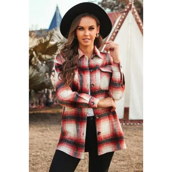 LAST ONE! Plus Size SIMONE Red And Black Long Sleeve Plaid Jacket With Pockets - Picture 2 of 5